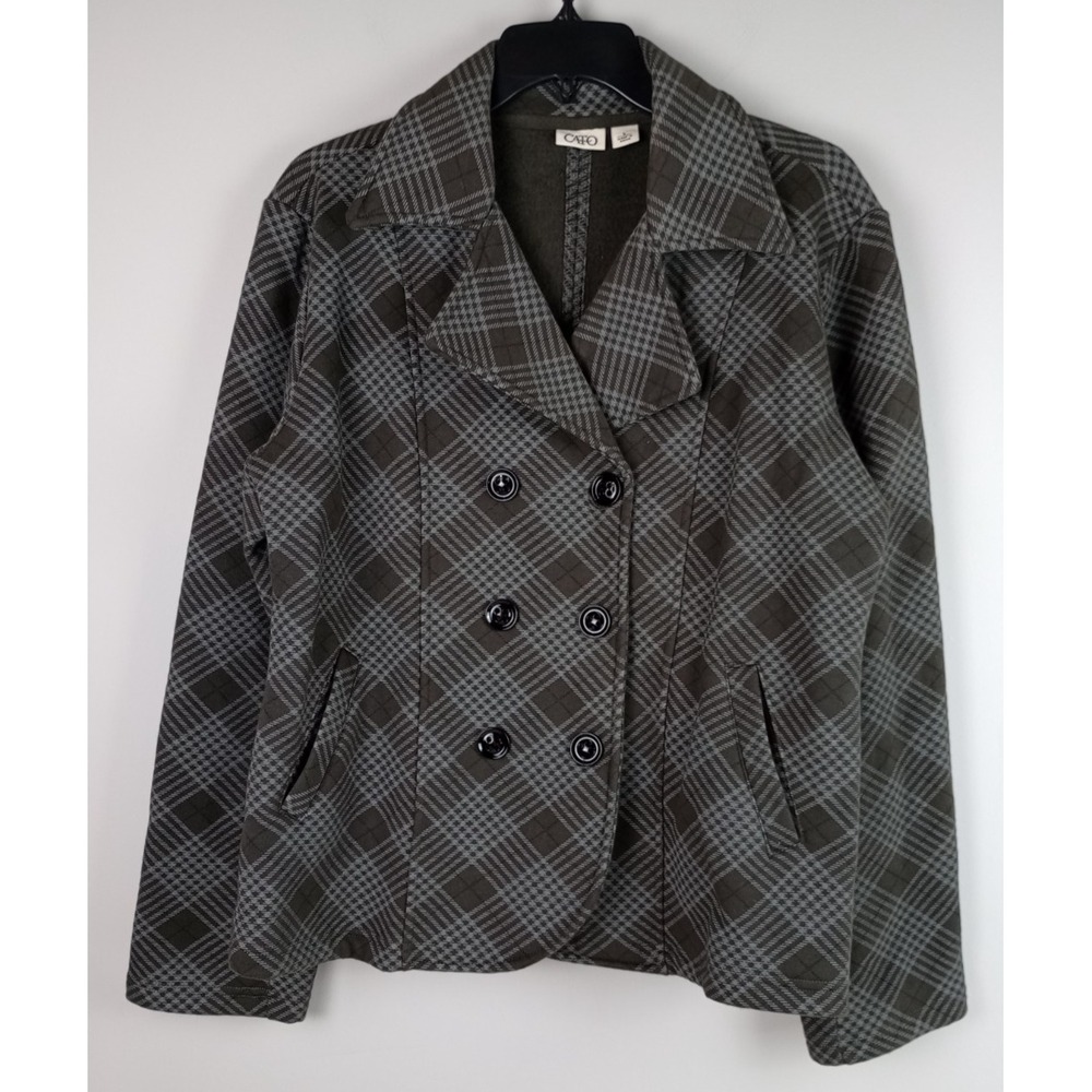 Cato Womens L Gray Plaid Double Breasted Slash Pockets Winter Pea Coat Jacket
